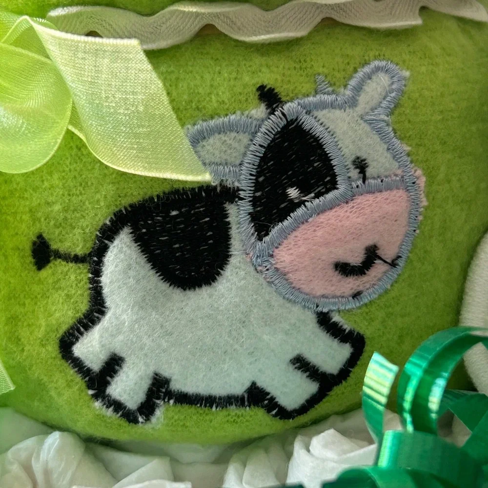 Green Diaper Cake Baby Shower Gift Teddy Bear Cow Blanket Baby Essentials NEW